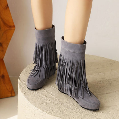 Flock Round Toe Tassel Flat Inside Heighten Mid Calf Boots for Women