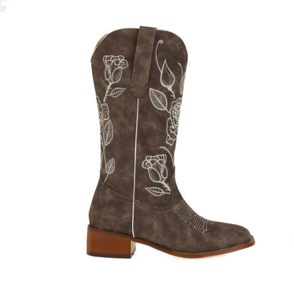 Ladies Embroidery Pointed Toe Block Heel Cowboy Mid Calf Boots