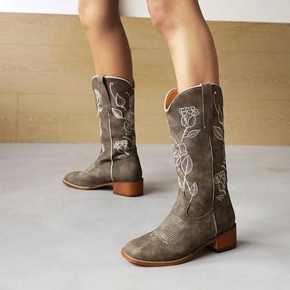 Ladies Embroidery Pointed Toe Block Heel Cowboy Mid Calf Boots