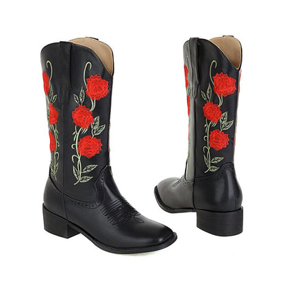 Ladies Embroidery Roses Block Heel Mid Calf Boots