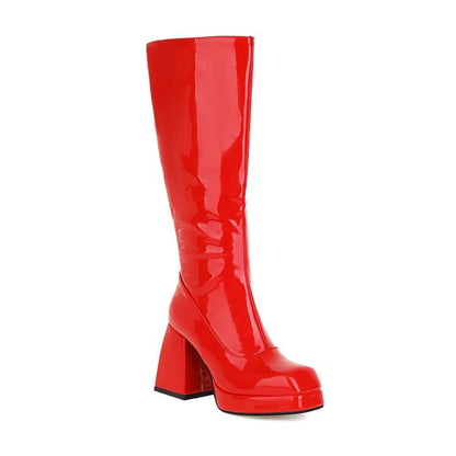 Ladies Glossy Square Toe Block Heel Platform Knee High Boots