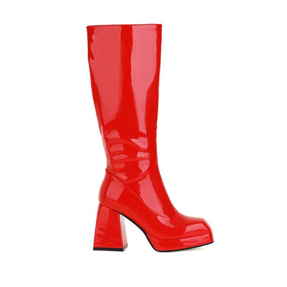 Ladies Glossy Square Toe Block Heel Platform Knee High Boots