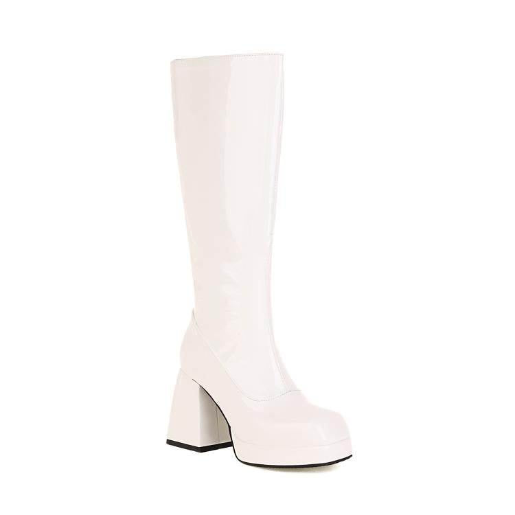 Ladies Glossy Square Toe Block Heel Platform Knee High Boots