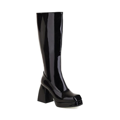 Ladies Glossy Square Toe Block Heel Platform Knee High Boots