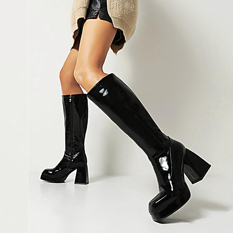 Ladies Glossy Square Toe Block Heel Platform Knee High Boots