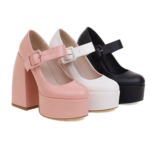 Ladies Buckle Mary Jane Chunky Heel Platform Pumps