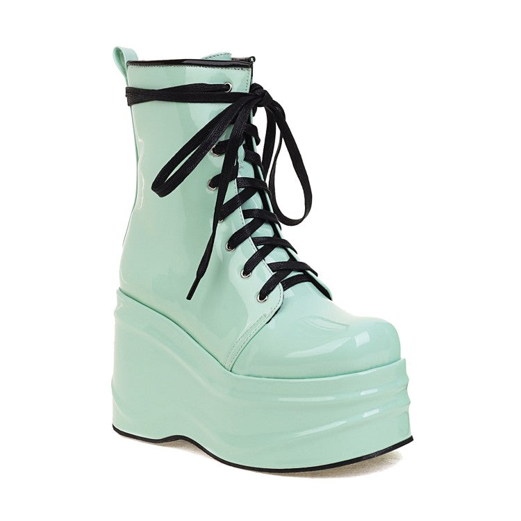 Candy Color Pu Leather Round Toe Lace Up Wedge Heel Platform Ankle Boots for Women