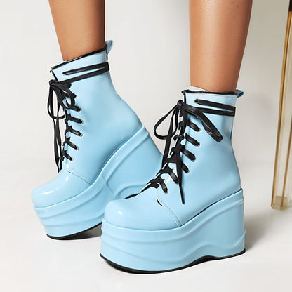 Candy Color Pu Leather Round Toe Lace Up Wedge Heel Platform Ankle Boots for Women