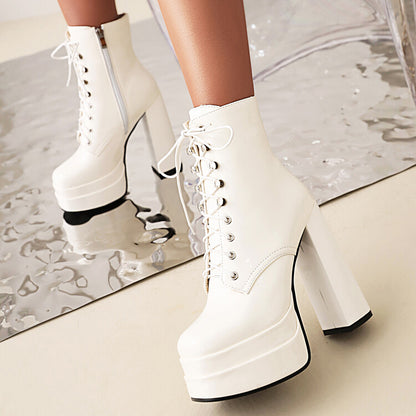 Ladies Glossy Square Toe Tied Belts Chunky Heel Platform Short Boots