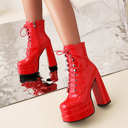 Ladies Glossy Square Toe Tied Belts Chunky Heel Platform Short Boots