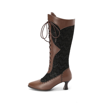 Ladies Stitch Patchwork Lace Up Kitten Heel Knee High Boots