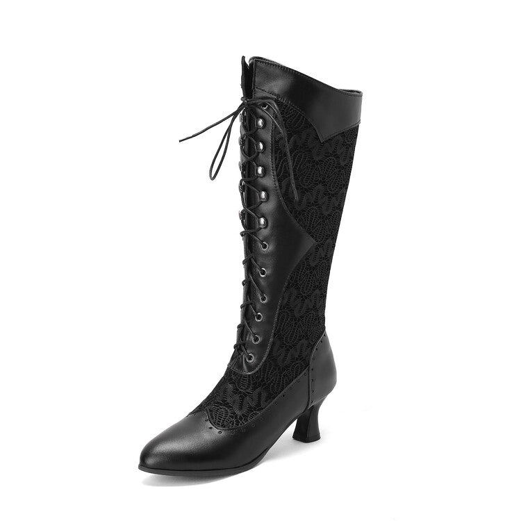 Ladies Stitch Patchwork Lace Up Kitten Heel Knee High Boots