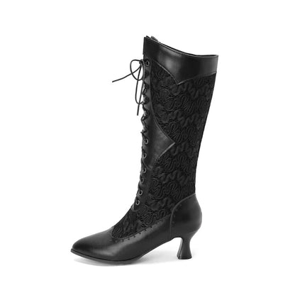 Ladies Stitch Patchwork Lace Up Kitten Heel Knee High Boots