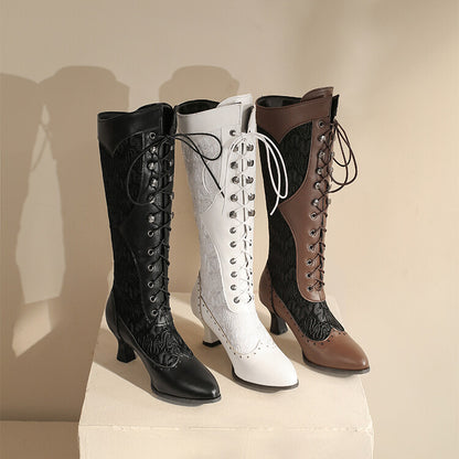 Ladies Stitch Patchwork Lace Up Kitten Heel Knee High Boots