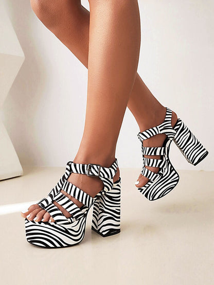 Ladies Colorful Print Roman Style Thick Sole Block Heel Platform Sandals