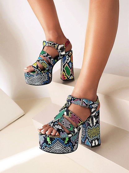 Ladies Colorful Print Roman Style Thick Sole Block Heel Platform Sandals