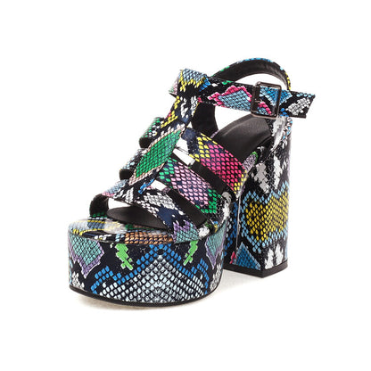 Ladies Colorful Print Roman Style Thick Sole Block Heel Platform Sandals