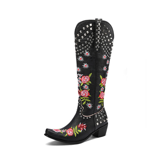 Ladies Embroidery Rivets Puppy Heel Cowboy Knee High Boots