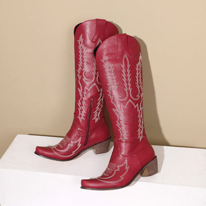 Ladies Embroidery Puppy Heel Cowboy Knee High Boots