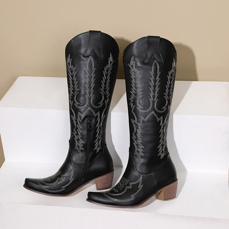 Ladies Embroidery Puppy Heel Cowboy Knee High Boots