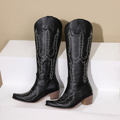 Ladies Embroidery Puppy Heel Cowboy Knee High Boots