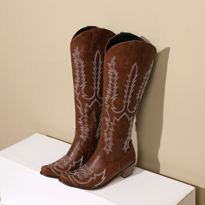 Ladies Embroidery Puppy Heel Cowboy Knee High Boots