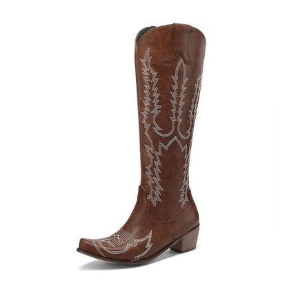 Ladies Embroidery Puppy Heel Cowboy Knee High Boots