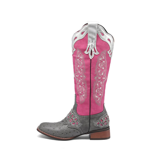 Ladies Embroidery Puppy Heel Cowboy Knee High Boots