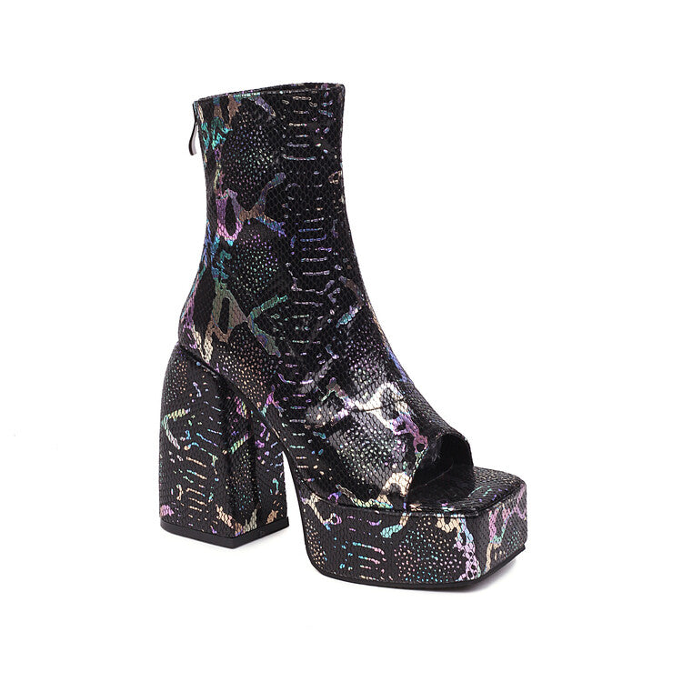 Snake Printed Open Toe Side Zippers Block Chunky Heel Platform Ankle Boots for Women