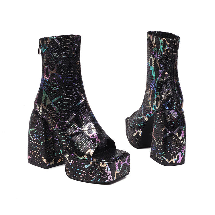 Snake Printed Open Toe Side Zippers Block Chunky Heel Platform Ankle Boots for Women