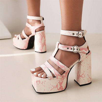 Ladies Solid Color Glossy Ankle Strap Thick Sole Block Heel Platform Sandals