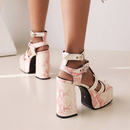 Ladies Solid Color Glossy Ankle Strap Thick Sole Block Heel Platform Sandals