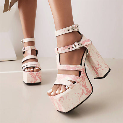 Ladies Solid Color Glossy Ankle Strap Thick Sole Block Heel Platform Sandals