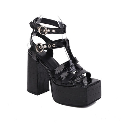 Ladies Solid Color Glossy Ankle Strap Thick Sole Block Heel Platform Sandals