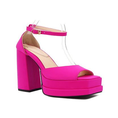 Ladies Solid Color Peep Toe Thick Sole Block Heel Platform Sandals