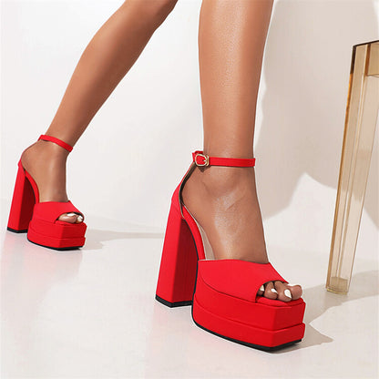 Ladies Solid Color Peep Toe Thick Sole Block Heel Platform Sandals