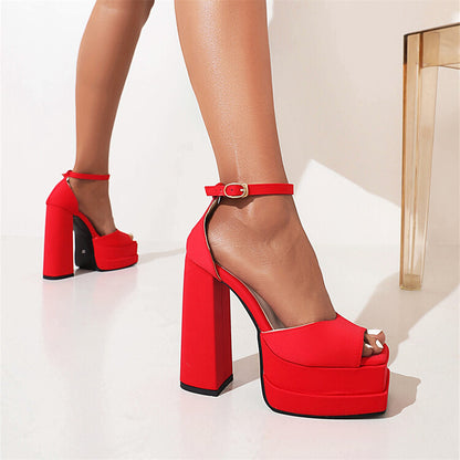 Ladies Solid Color Peep Toe Thick Sole Block Heel Platform Sandals