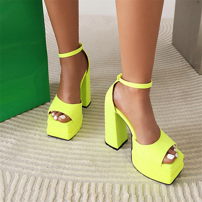 Ladies Solid Color Peep Toe Thick Sole Block Heel Platform Sandals