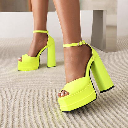 Ladies Solid Color Peep Toe Thick Sole Block Heel Platform Sandals