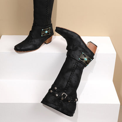 Ladies Metal Rivets Puppy Heel Knee High Boots