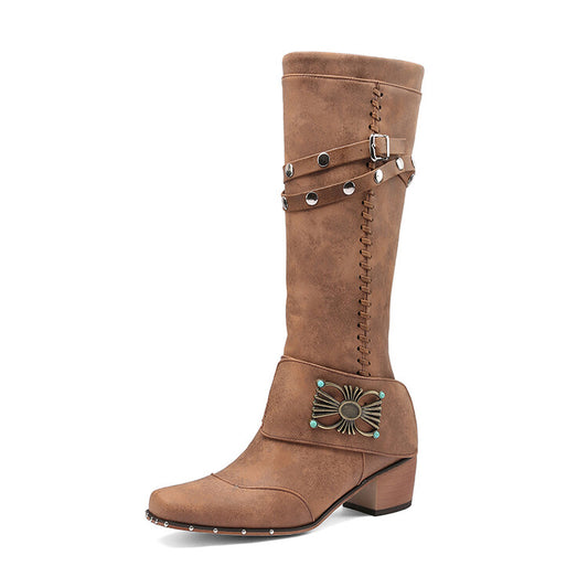 Ladies Metal Rivets Puppy Heel Knee High Boots