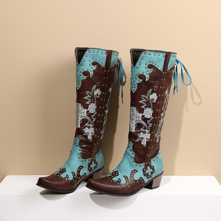 Ladies Embroidery Rivets Puppy Heel Knee High Boots