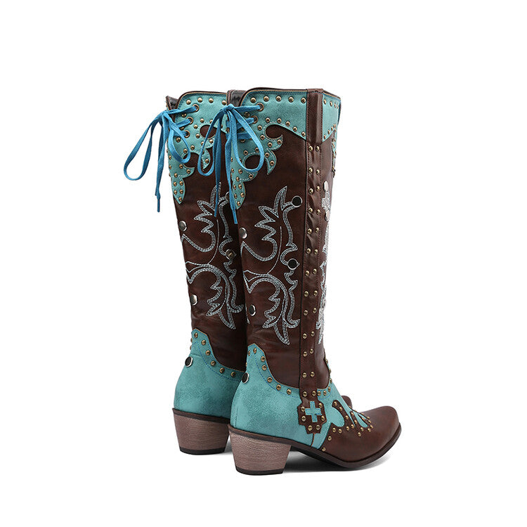 Ladies Embroidery Rivets Puppy Heel Knee High Boots