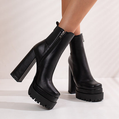 Ladies Pu Leather Square Toe Side Zippers Block Heel Platform Short Boots