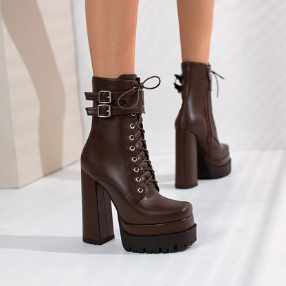 Ladies Square Toe Lace Up Belts Buckles Block Heel Platform Short Boots