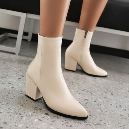 Ladies Pu Leather Pointed Toe Side Zippers Chunky High Heel Short Boots