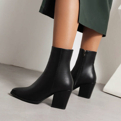 Ladies Pu Leather Pointed Toe Side Zippers Chunky High Heel Short Boots