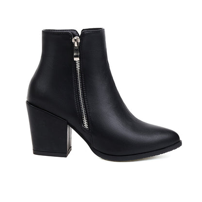 Ladies Pu Leather Pointed Toe Side Zippers Block Heel Short Boots