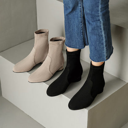 Plus Size Flock Stretch Round Toe Puppy Heel Ankle Boots for Women