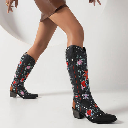 Ladies Ethnic Love Hearts  Printed Low Heels Cowboy Mid Calf Boots